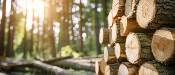 Soft sun rays illuminate stacked logs in a tranquil forest scene.