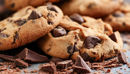 Fototapeta premium Homemade chocolate chip cookie with chunks of chocolate and scattered crumbs. Sweet treat.