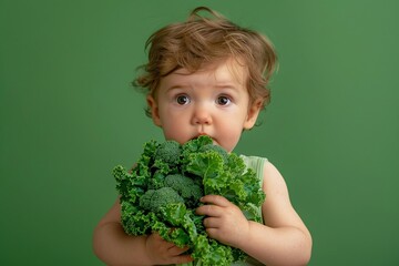 Child holding and eating kale on a green background. Studio portrait photography. Healthy eating and childhood concept.