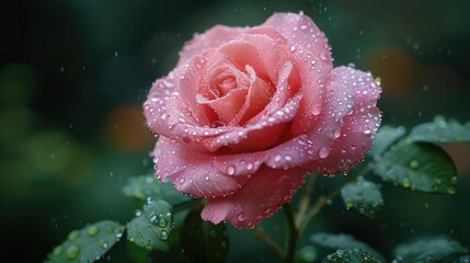 Pink rose with green leaves raindrops on transparent background 