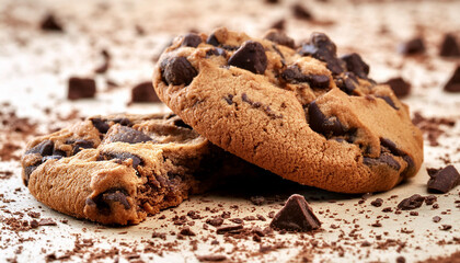 Homemade chocolate chip cookie with chunks of chocolate and scattered crumbs. Sweet treat.