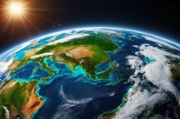 Earth from Space with Sun and Clouds