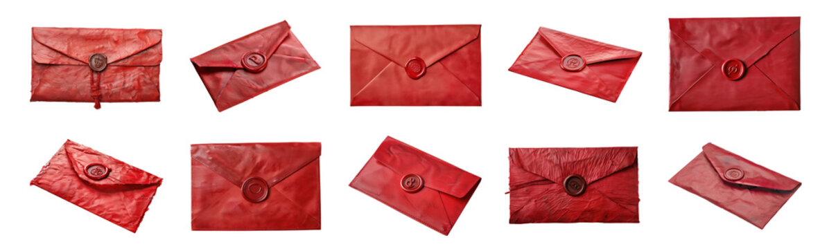Set of red vintage envelopes with wax seals, cut out - stock png.