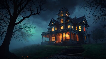 Fototapeta premium Granater AI A spooky haunted house stands amidst a dark forest at night, creating an eerie and mysterious atmosphere.