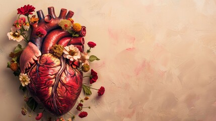 Fototapeta premium Human heart with flowers on solid background