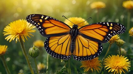 Fototapeta premium Granater AI A monarch butterfly perches gracefully on a dandelion, showcasing its vibrant colors and delicate wings.