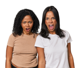 Young Latin friends in studio shouting very angry, rage concept, frustrated.