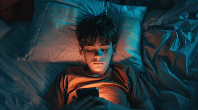 Boy is addicted to a phone, Sleepy kid lying in bed using a smartphone, Insomnia, and addiction. Sad bored in bed scrolling through social networks at night in the dark