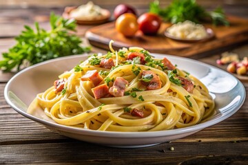 Italian classic spaghetti Carbonara with bacon and herbs