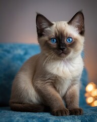 Cute Kitten with Blue Eyes Sitting on a Blue Blanket