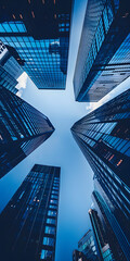 Edifícios  modernos em contraste com o céu azul claro
