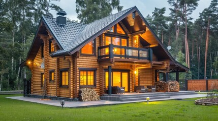 Fototapeta premium a small log house at night, boasting a chic terrace illuminated by atmospheric lights, showcasing a modern interpretation of rustic living that exudes warmth and sophistication.