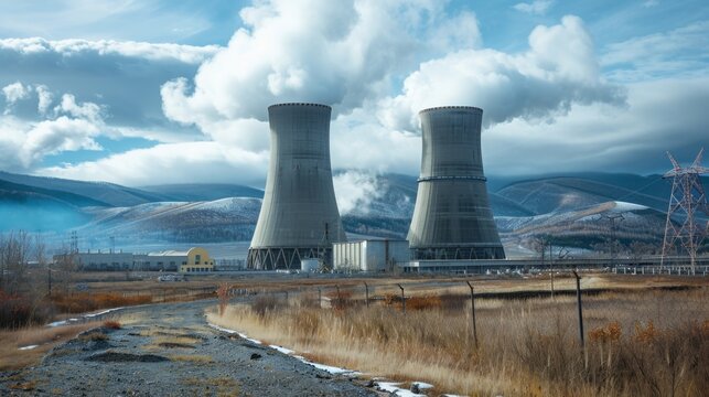 Construction of a nuclear power plant, featuring cooling towers and reactor buildings, showcasing industrial design in a remote area, emphasizing safety and energy production. -