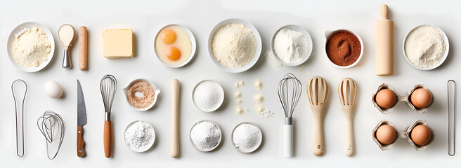 Baking Preparation with Ingredients Flat Lay, Flat Lay Composition of Baking Ingredients