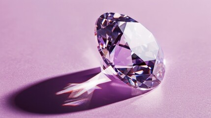 Photograph of one large brilliant cut diamond isolated on purple background with shadow.