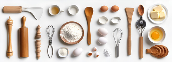 Kitchen Tools and Ingredients for Baking Flat Lay, Flat Lay Baking Essentials on White Surface