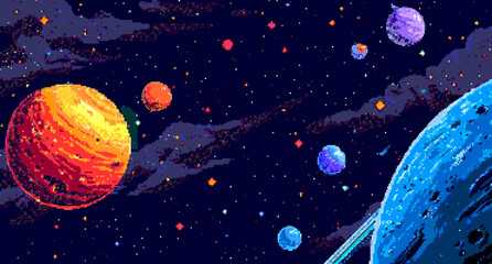 8-bit pixel art of a space background with stars, planets and galaxies in the style of game assets for a 2D side-scrolling game style