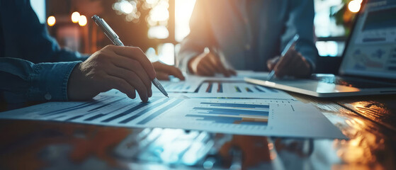Two professionals reviewing financial graphs and data sheets with a laptop in a modern office setting with a warm light ambiance.