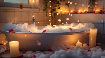 A luxurious bathroom scene with a bathtub filled with bubbles, rose petals, and lit candles for a relaxing soak.