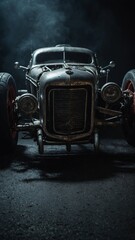 Vintage car of distinctive design stands parked, exuding aura of classic automotive history. Vehicles front grille, adorned with star emblem, harks back to bygone era of motoring. Cars headlights off.