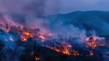 Picture of forest fire spreading on the mountain