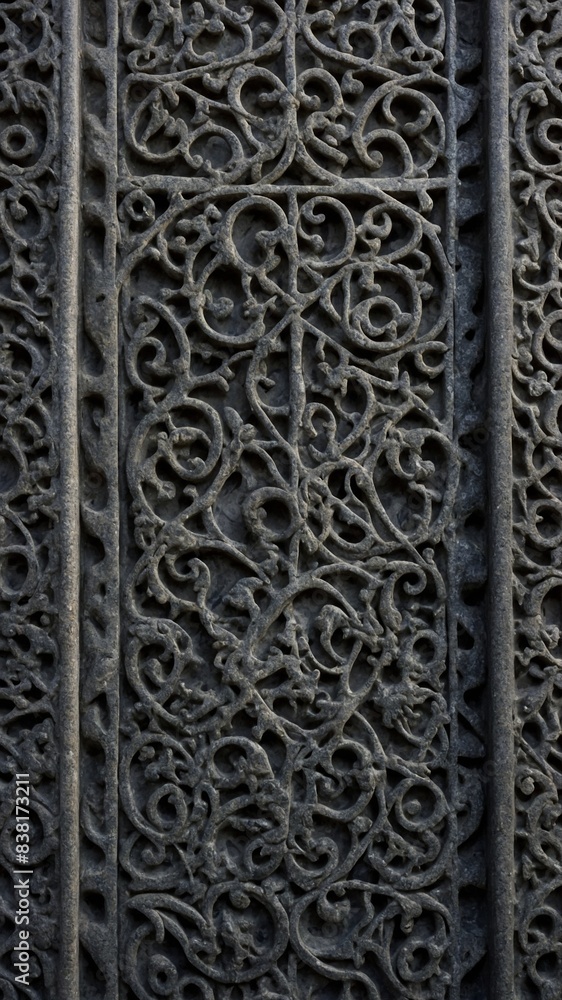 Poster elaborate display of ornamental ironwork, revealing complex network of intertwined lines, spirals th