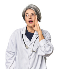 Caucasian mid-age female doctor with stethoscope shouting and holding palm near opened mouth.