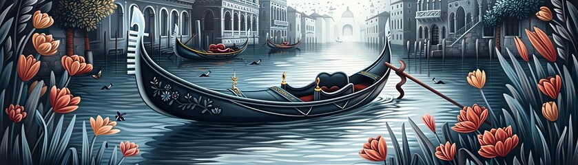 Obraz premium a traditional Venetian gondola drifting gracefully along the intricate waterways of Venice, surrounded by historical architecture and blooming flowers