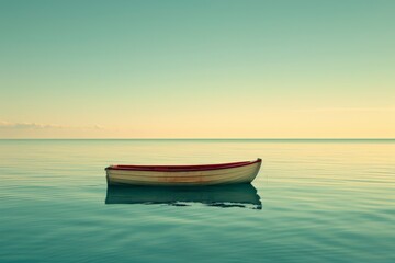 Naklejka premium The joy of a successful catch, Solitary red and white boat on calm sea, minimalist composition, pastel sky, serene water reflecting sky, sense of peace, morning stillness.