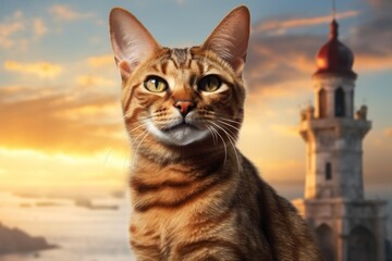 Obraz premium Portrait of a smiling chausie cat in front of majestic lighthouse on a cliff background