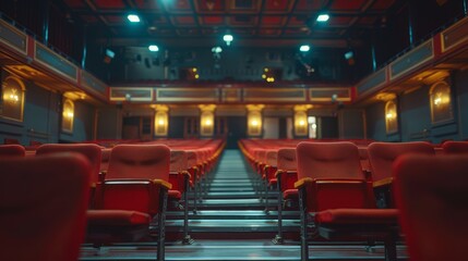 Empty auditorium with dim lighting, capturing a serene and quiet atmosphere, selective focus, silent venue, surreal, overlay, dimly lit backdrop