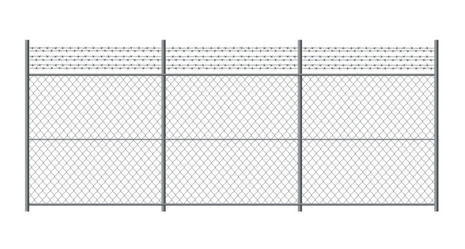 Metal fence with barbed wire. Rabitz grid isolated on white background. Secured territory. Protected area or prison fencing. Vector stock