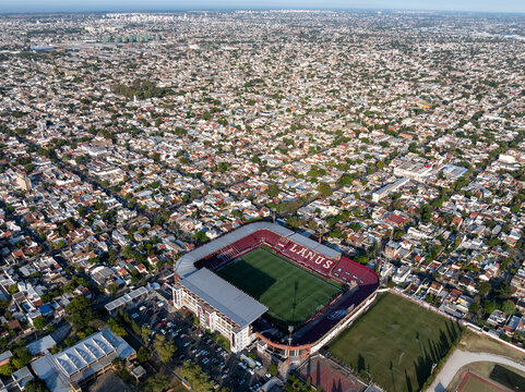 Buenos Aires, Argentina, Marzo 4, 2023: Aerial photography of the Ciudad de Lan&uacute;s-N&eacute;stor D&iacute;az P&eacute;rez Stadium. Lan&uacute;s Stadium. ("La Fortaleza")