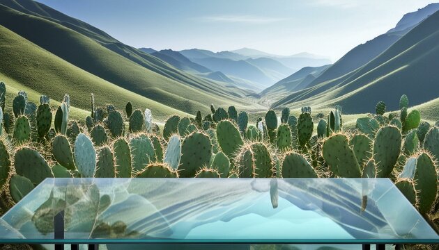 Backdrop de cactos com mesa de vidro para apresentar produtos