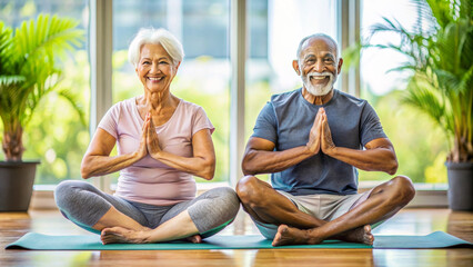 Senior family couple exercising Yoga in studio. Concept of healthy elderly lifestyle.
