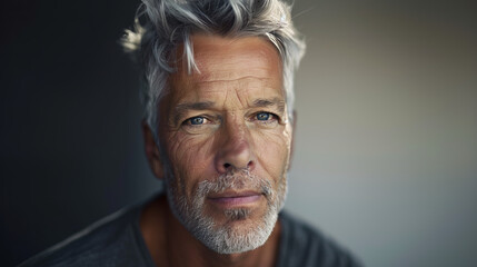 Obraz premium Close-up of the face of a Caucasian man with gray hair, his features are full of strength and maturity.