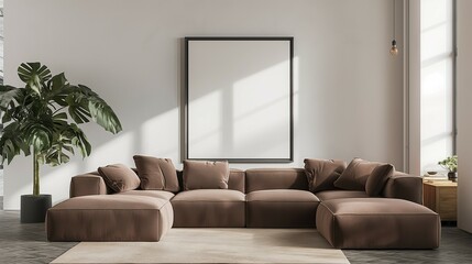 Home minimalist living room with sofa, wall poster frame mockup