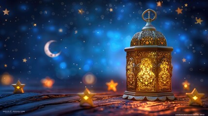 Premium Eid greeting card illustration with luxurious design. Eid Mubarak background with stars and moon. Islamic lamp design with Eid design  