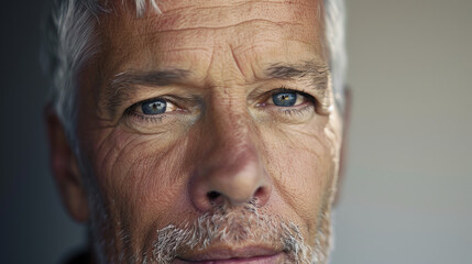Close-up portrait of a middle-aged man with gray hair, Caucasian, his face expresses life experience and wisdom.