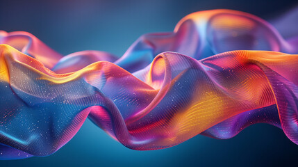 Fototapeta premium Flowing, neon-colored fabric with holographic effects, creating a vibrant and dynamic visual with shimmering details and a sense of movement.