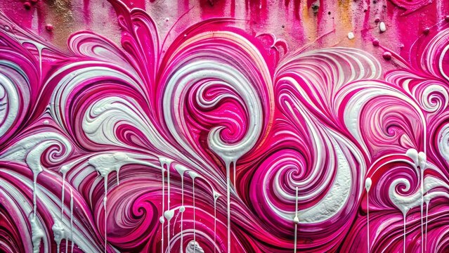 Vibrant pink and white swirled paint splatters cover a worn, textured wall, with bold brushstrokes and drips creating a dynamic, abstract background.