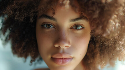 A young African American woman with thick curls in close-up, her face expresses harmony and individuality.
