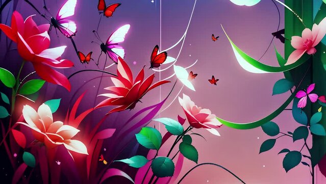 Flowers and Butterflies Fantasy 4K features an A.I. generated video of flowers and butterflies moving slightly in a pint and purple atmosphere.