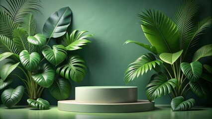 Vibrant green tropical leaves arranged on a modern podium, creating a natural and elegant background for showcasing products or displays.