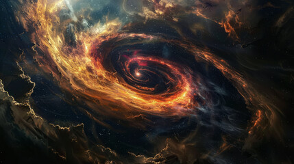 A vivid black hole surrounded by swirling, fiery cosmic gases and bright lights