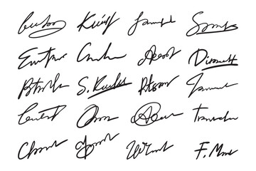 Autographs handwritten pen signatures documents. Hand signature templates, abstract autograph