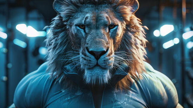 A detailed portrait of a fitness athlete lion, dressed in sleek sportswear, showcasing strength and determination, with a background highlighting a modern gym setting