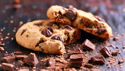 Fototapeta premium Homemade chocolate chip cookie with chunks of chocolate and scattered crumbs. Sweet treat.