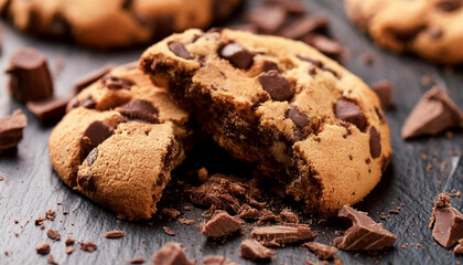 Homemade chocolate chip cookie with chunks of chocolate and scattered crumbs. Sweet treat.