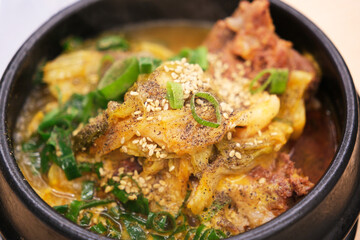 Korean soup close up. Gamja-tang (pork back-bone stew)